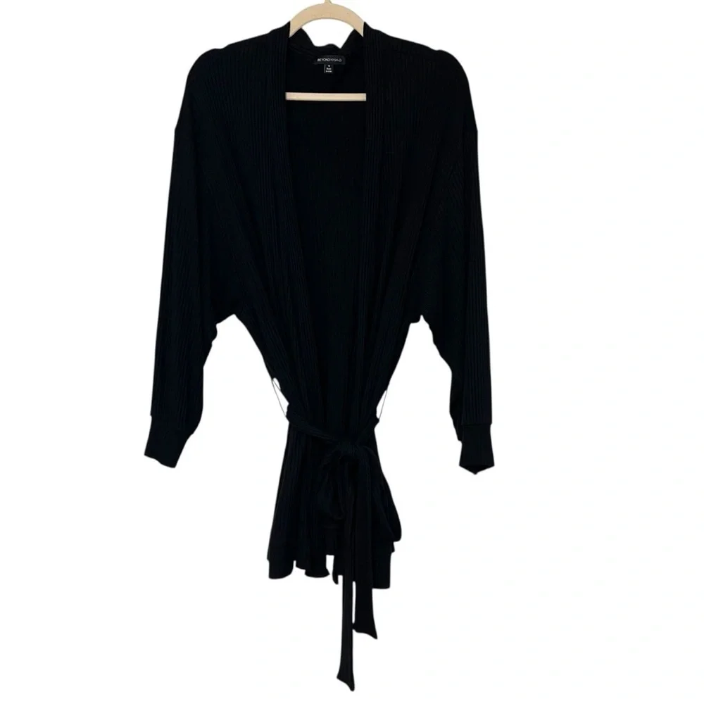 Beyond Yoga Coffee Run Ribbed Tie Waist Cardigan Black 1X Casual Lounge Cozy